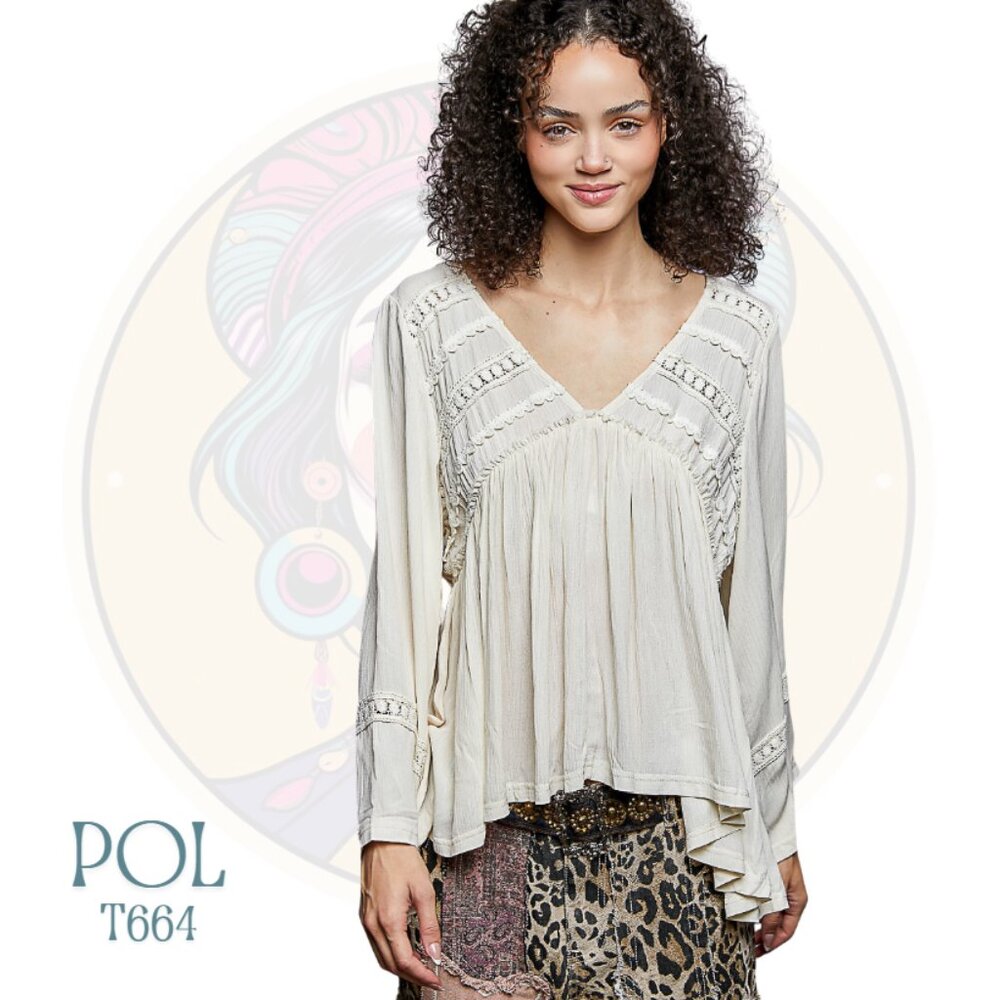 POL "Lady Day" Cream Off White Trim Point Ruffle Rayon Top